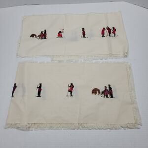 Vtg Handmade Table Runner Set Embroidered Colorful Native Tribe Scene Hut Hunt
